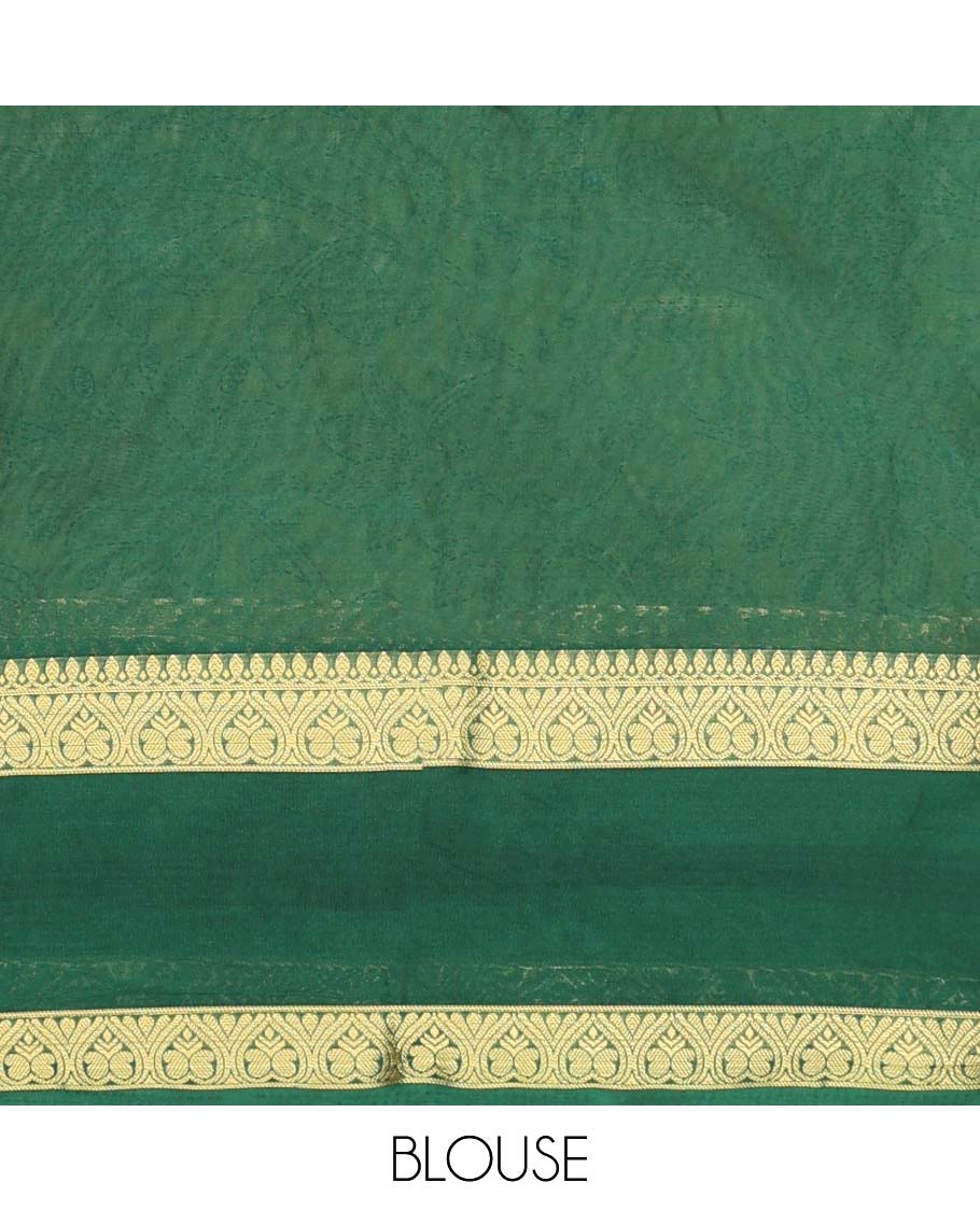 Yellow madhubani-style floral vine semi-banaras printed saree, contrast traditional design border & pallu of stripes