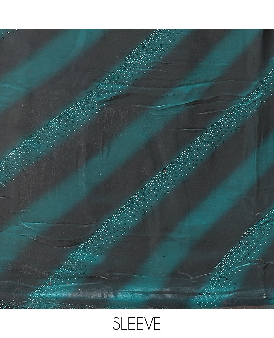 Black with peacock green digital printed fendi satin saree with swarovski stone , scallop border