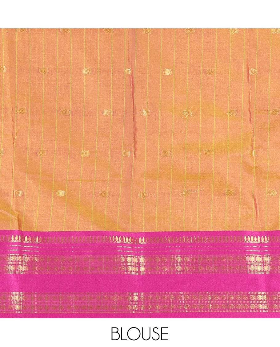 Parrot Green-Purple Softy Silk Saree, Adorned with Zari Buttas, a Contrast Traditional Zari Border, and a Matching Blouse