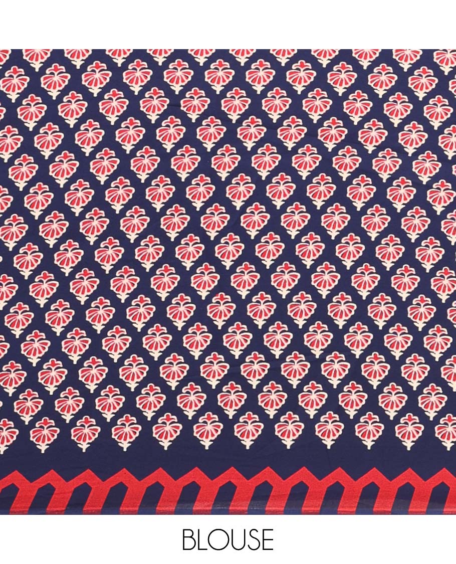 Navy blue plain gajji silk saree features a temple-printed border, a circular-shaped vine-patterned pallu, and a unique motif-printed blouse