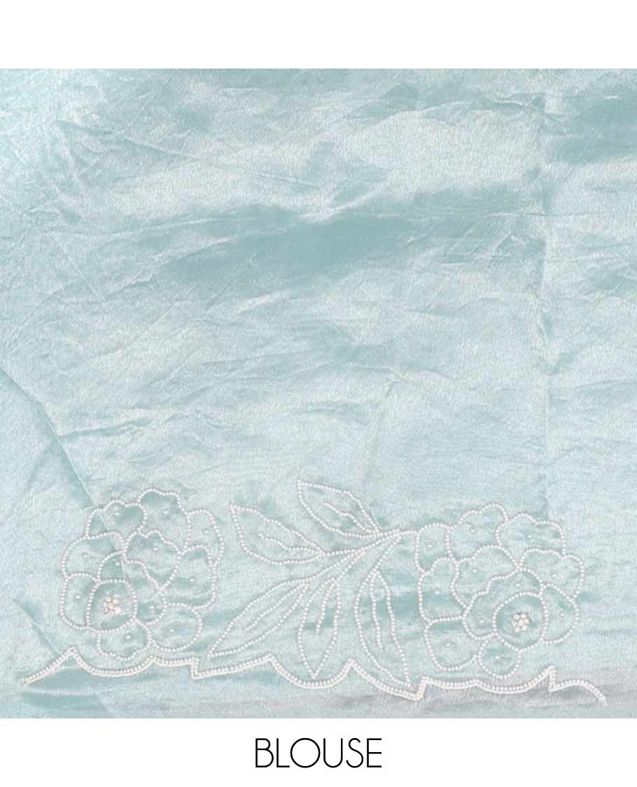 Light blue floral bead embroidery tissue saree with floral scallop bead embroidery border