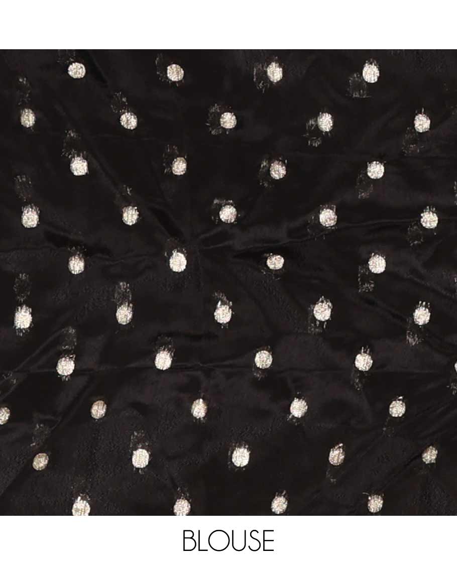 Black plain crepe saree, zari border steeped with rose floral designs, plain pallu & blouse of zari polka dots