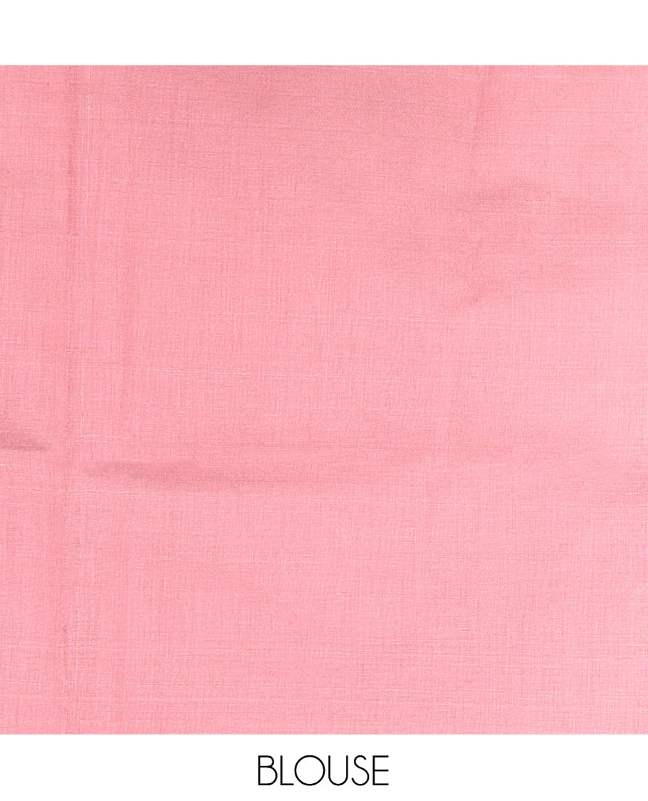 Onion Pink Plain Khadi Mul Cotton Saree, a Contrast Satin Border, Striped Pallu, and a Plain Blouse