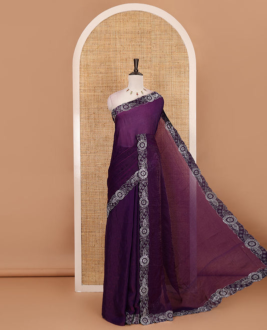 Violet full-plain fendy chiffon saree, scallop swarovski stone work geometric border and contrast plain blouse