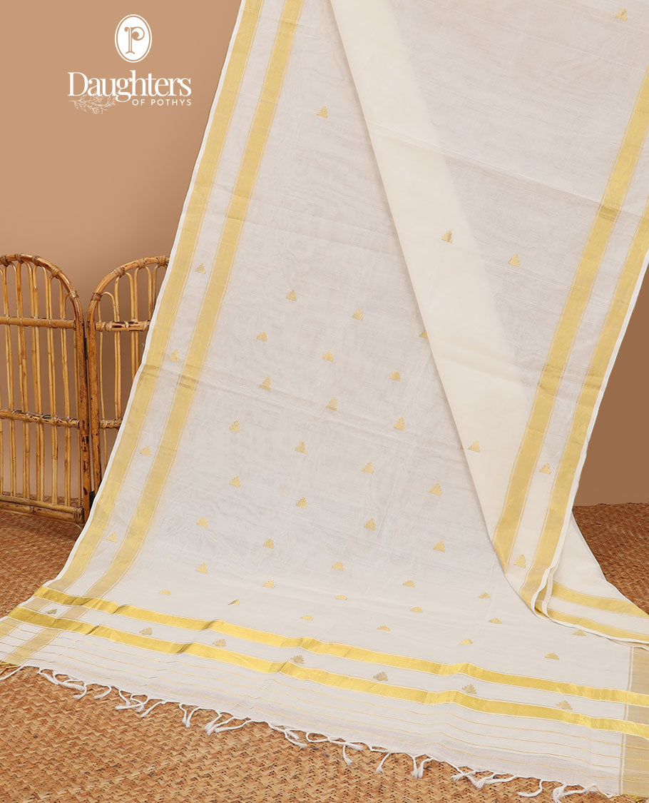 White triangle motifs kasavu saree with self rettai pettu zari border & striped, triangle design pallu