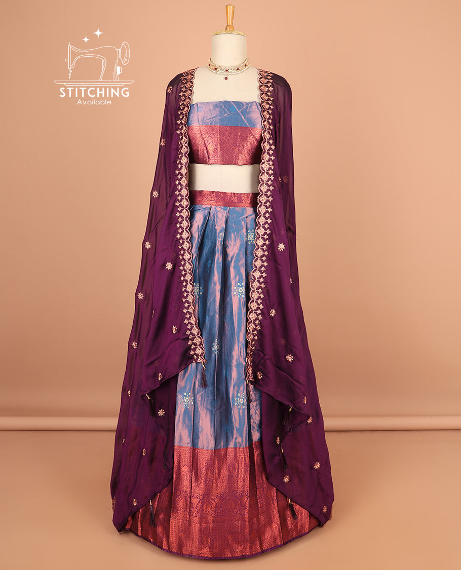 Bue buttas half saree with contrast zari design border, zari design blouse & floral motifs, scallop embroidery dhavani