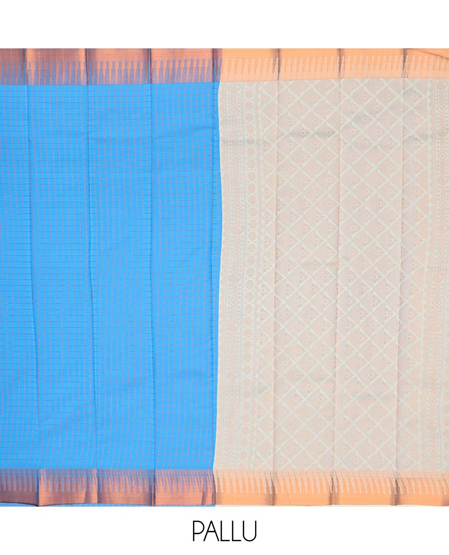 Blue checked kora cotton sare with contrast temple zari design border & pallu of argyle design