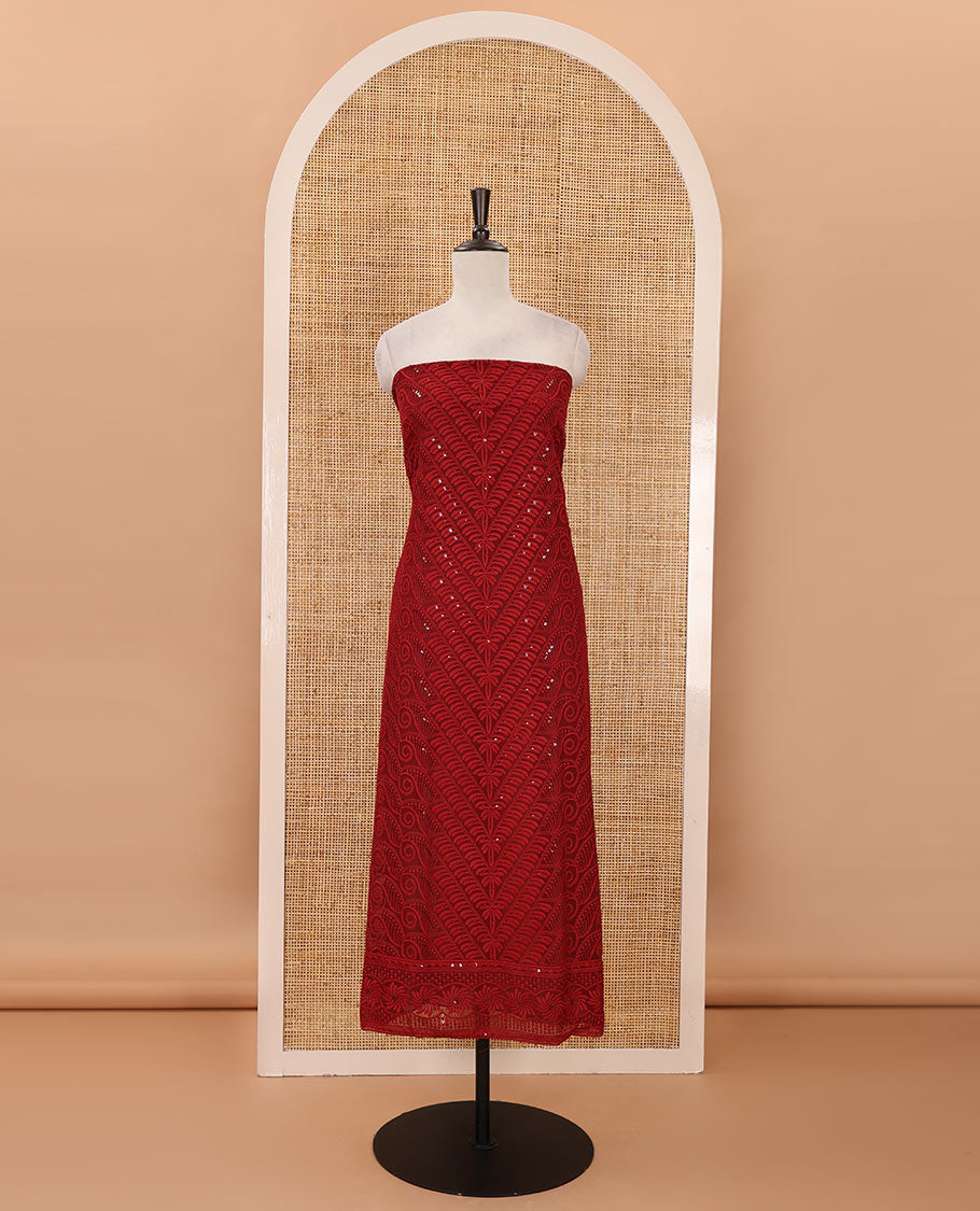 Maroon material chudidar set, intricately schiffli embroidered georgette top & sequins embroidered scallop georgette dupatta