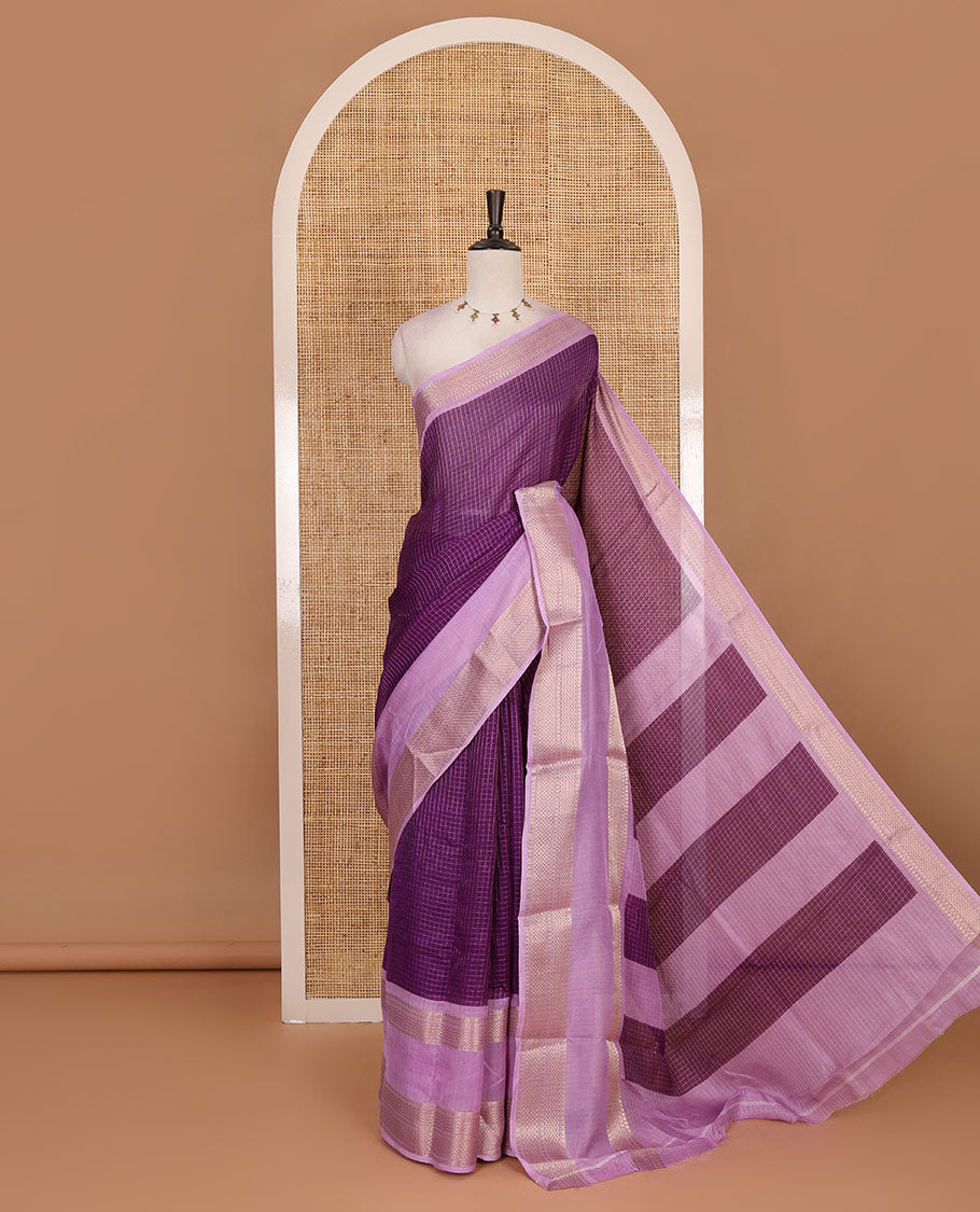 Violet zari checked moss milan saree, contrast traditional zari rettai pettu border, striped pallu, and contrast blouse