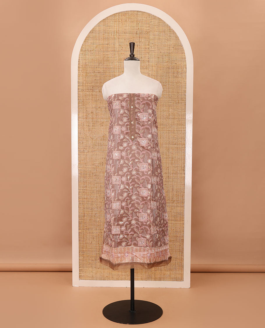 Light brown material chudidar set,floral-geometric print & outline embroidery organza top,plain bottom & floral vine sequins embroidery dupatta