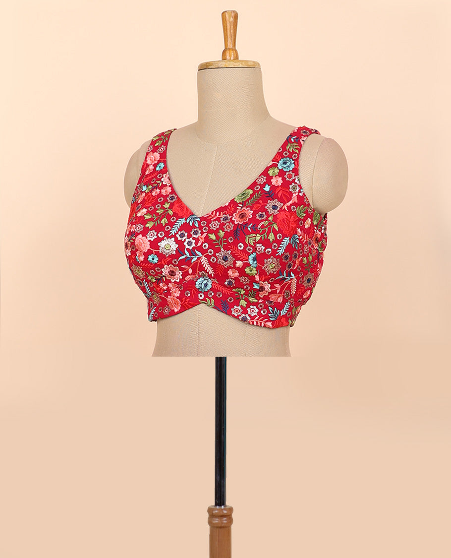 Red floral embroidery front & back deep v-neck raw-silk readymade sleeveless blouse
