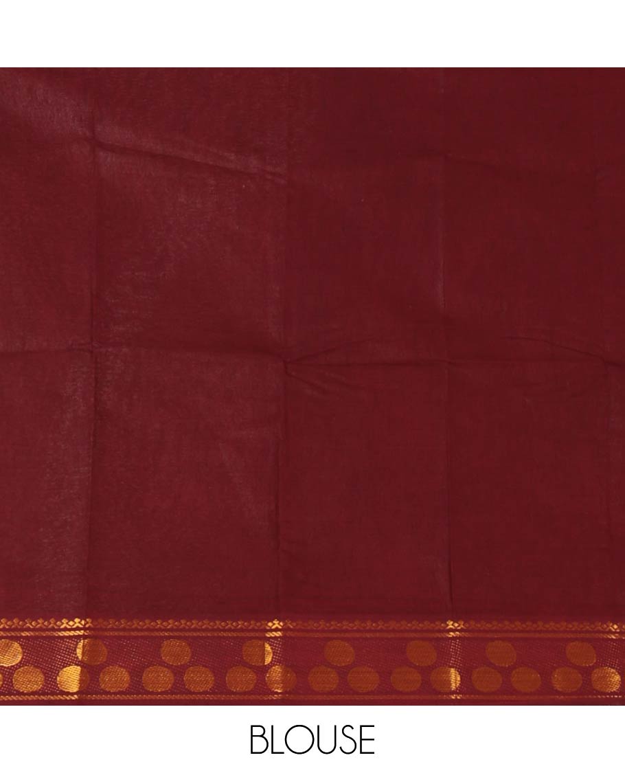 Tomato pink full-plain sungudi cotton saree, contrast zari round motif big border, lining seer pallu & plain maroon blouse
