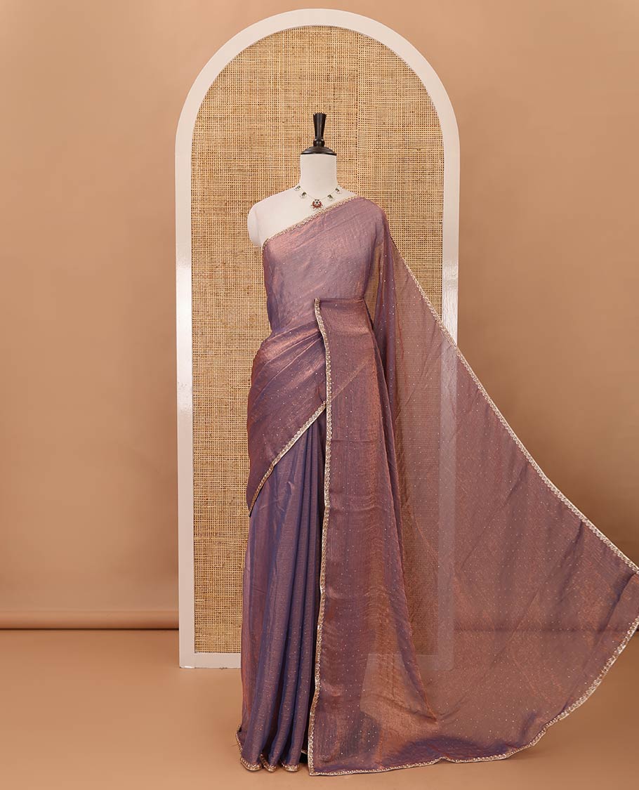 Lavender Swarovski stone work embedded fendy-chiffon saree, scallop lace border & floral mixed embroidered blouse