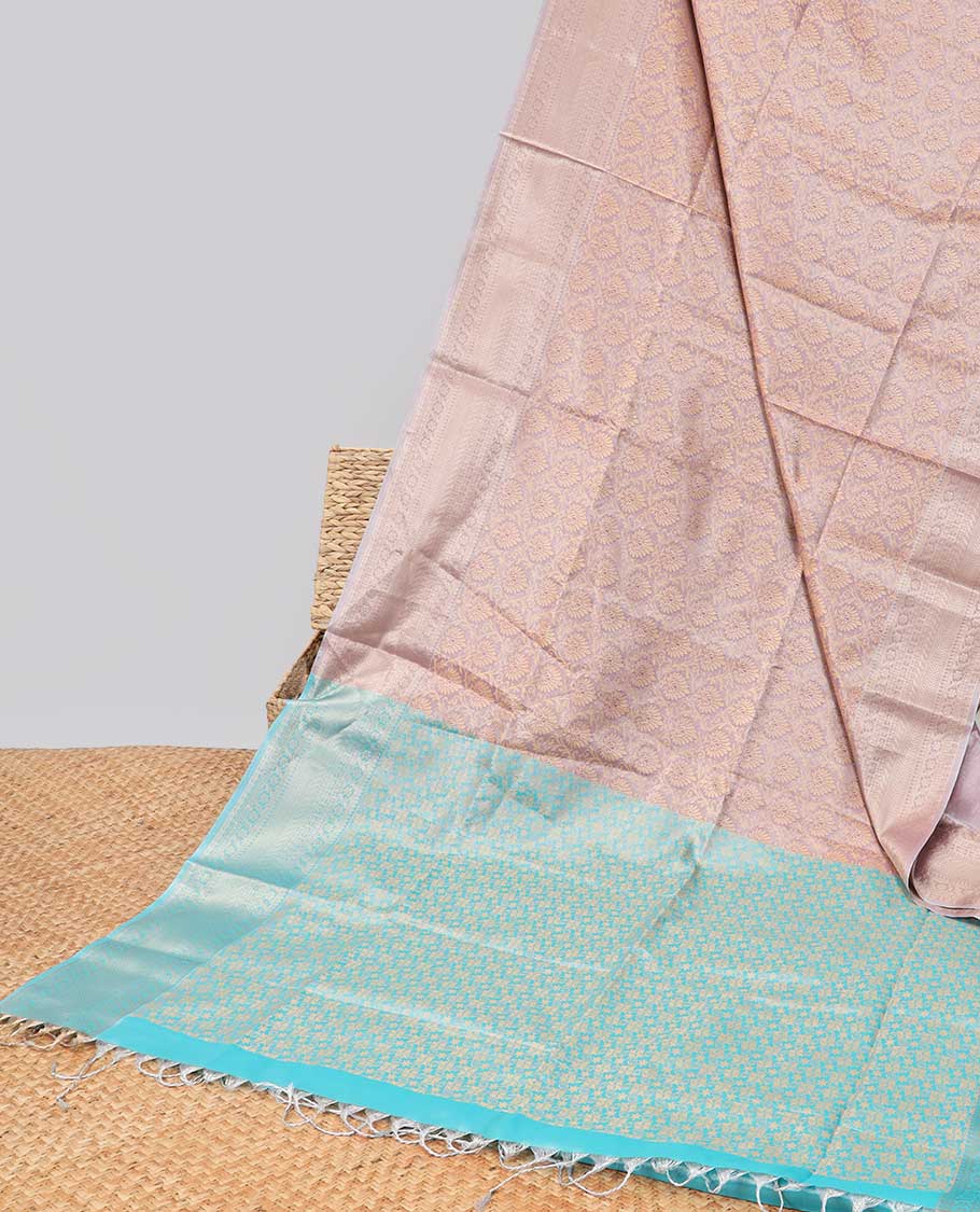 Sandal floral jacquard kora cotton saree with self zari design border & intricate jaal design pallu