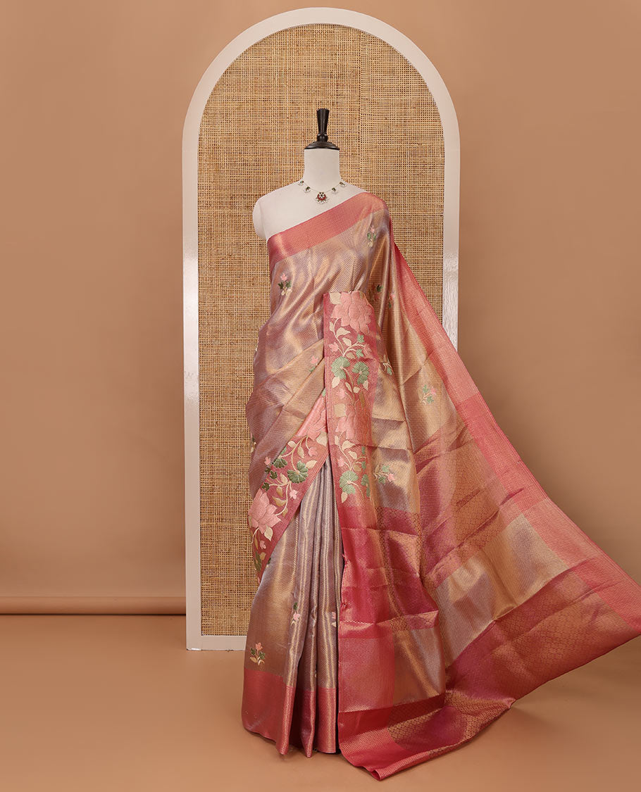 Dark pink floral thread embroidery celebrity tissue saree, floral vine multi-color thread embroidered border & embroidery pallu