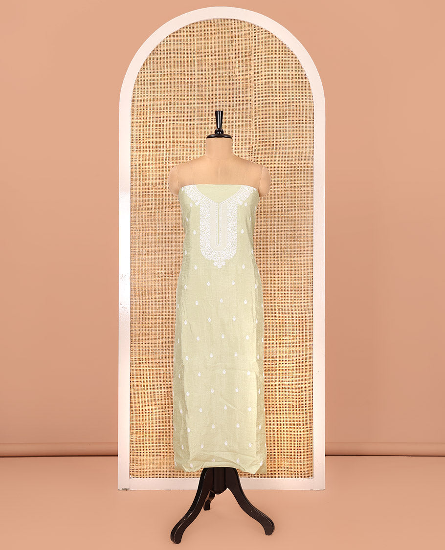 Pista Green Material Chudidar Set, Delicately Woven with Thread Embroidered Motifs Woven on Mul Chanderi Top, a Mul Chanderi Bottom, Paired with Thread-Embroidered Mul Chanderi Scallop-Bordered Dupatta
