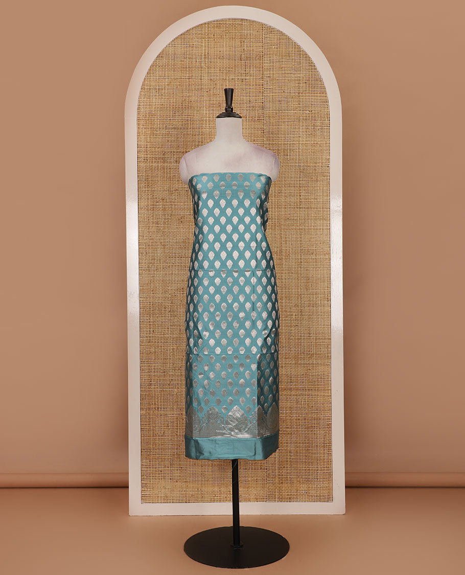 Teal banarasi material chudidar set, zari buttas woven top, plain bottom, and floral jaal jacquard taffeta silk dupatta