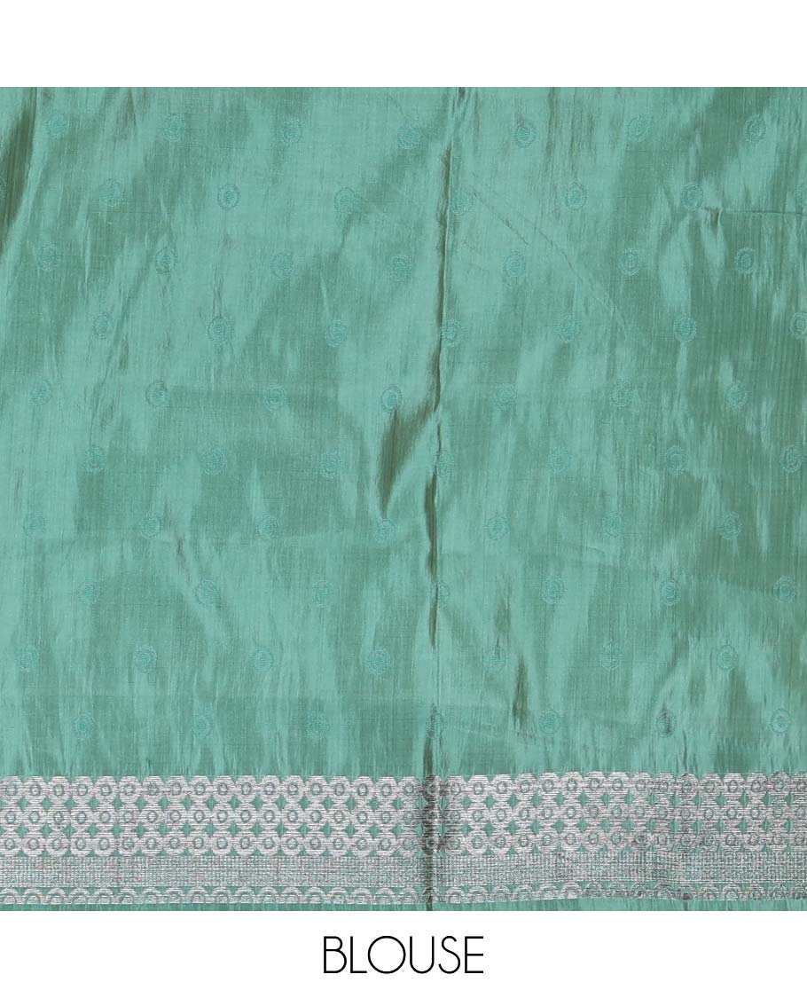 Green buttas woven semi-tussar saree, zari border, geometric patterned pallu, and a matching blouse