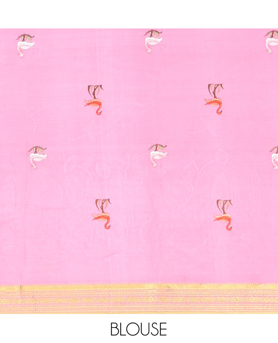 Red Mysore Silk Saree, Gleamed up with Zari Checked Design on its Body, Complemented by Captivating Contrast Border of Traditional Zari Designs, Pallu of Tropical Flora and Flamingo Bird Designs, and Paired with a Contrast Blouse