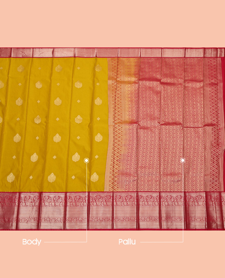Mustard Budget Silk Saree, Sparsely Sparkled with Zari Buttas, Complemented by Contrast Traditional Zari Border, Grand Pallu and a Contrast Blouse