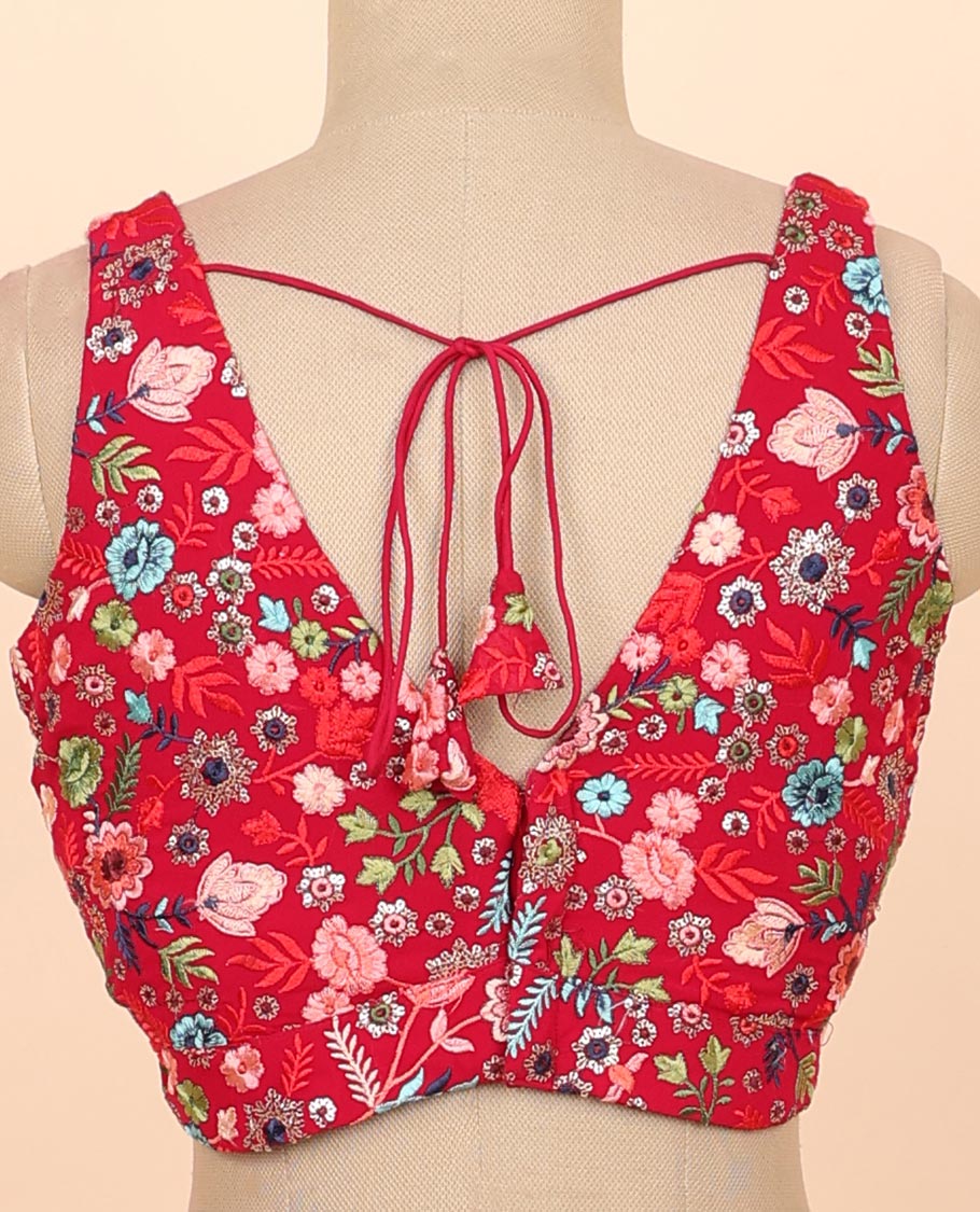 Red floral embroidery front & back deep v-neck raw-silk readymade sleeveless blouse