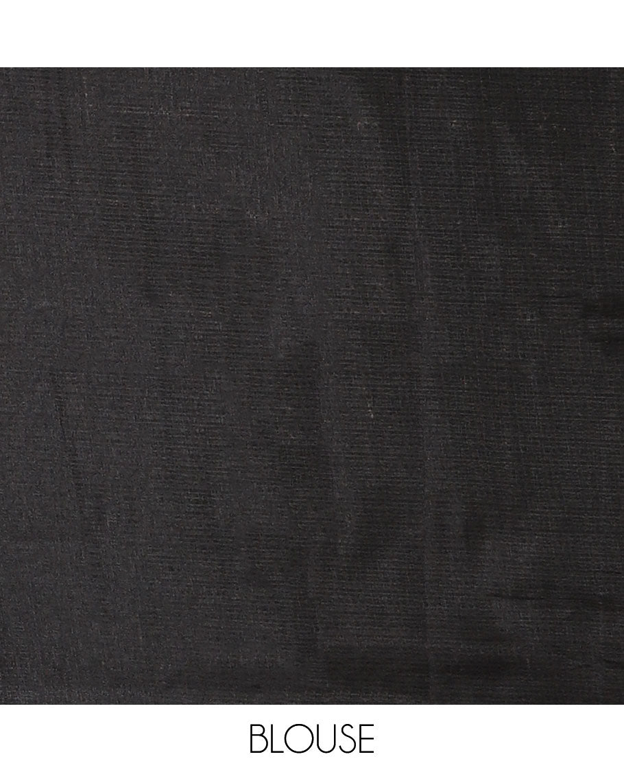 Black-base plain body khadi cotton saree with batik-style orange-color floral & dots printed on its border & pallu, plain black blouse