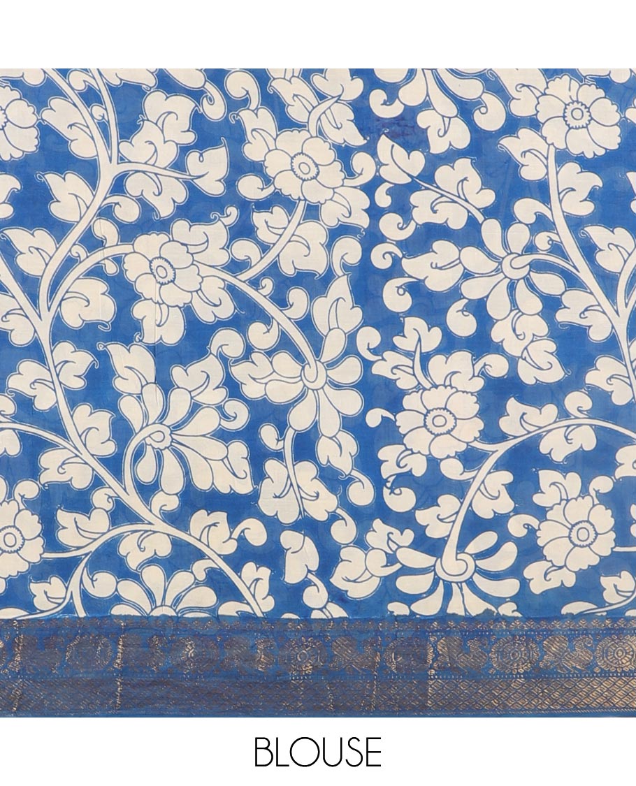 Blue kalamkari-style pichwai printed Mangalagiri cotton saree with contrast traditional zari border, kalamkari printed pallu, and a floral vine printed blouse