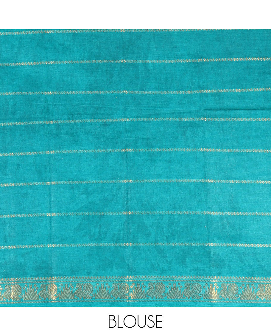 Navy blue plain sungudi cotton saree, contrast annam motifs, gold zari woven border, zari striped, and zari design contrast blouse