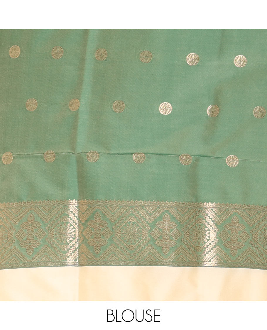 Sandal striped and zari buttas Mulberry silk saree, contrast temple zari buttas border, intricate pallu, and contrast zari design blouse