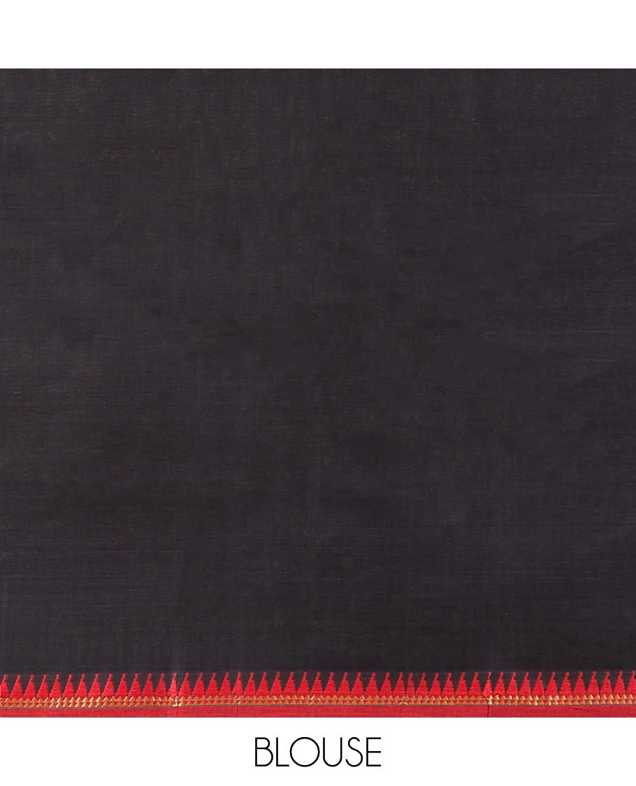 Black plain Narayanapet cotton saree, contrast temple border & striped pallu
