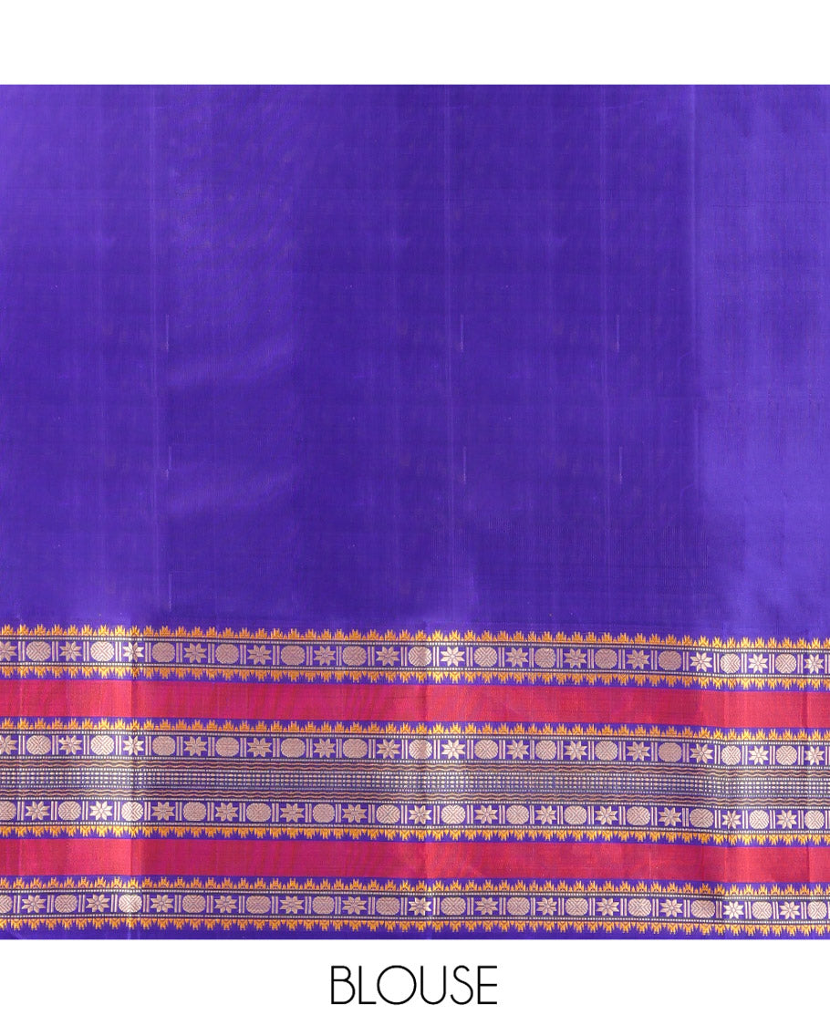 Green Kanchipuram Silk Saree, Beautifully Bedecked with Thread Buttas All Over Its Body, Complemented by a Contrast Border of Thazampoo Rekku, Muthu, Star Vanki, and Rudraksham Designs, Seppu Rekku Pallu, and Paired with a Contrast Blouse