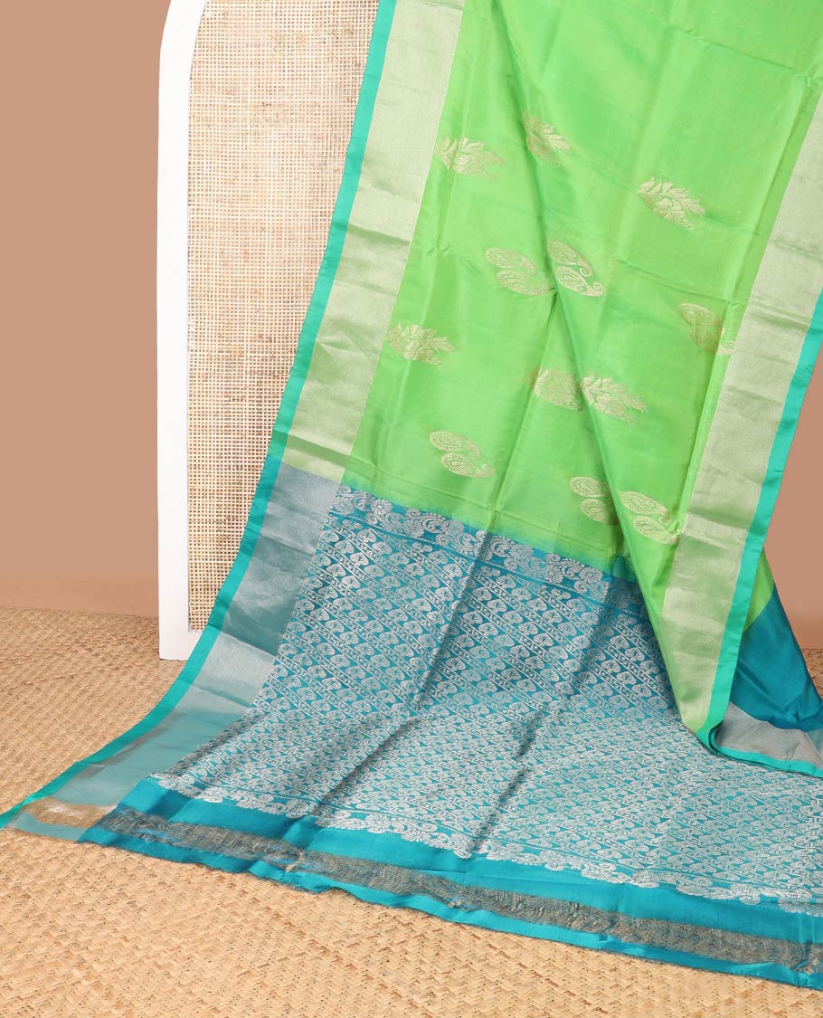 Light green floral buttas uppada saree with contrast zari border & striped, leaf design pallu