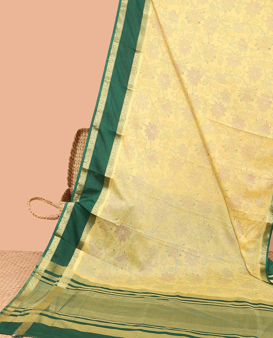 Yellow madhubani-style floral vine semi-banaras printed saree, contrast traditional design border & pallu of stripes