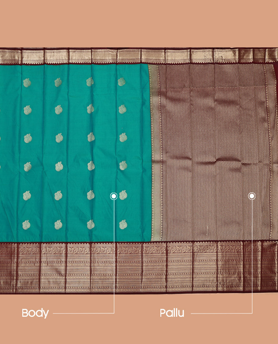 Green Budget Silk Saree, Embellished with Zari Buttas All Over Its Body, Complemented by a Contrast Traditional Zari Design Border, Pallu of Jaal Designs, and Paired with a Contrast Blouse