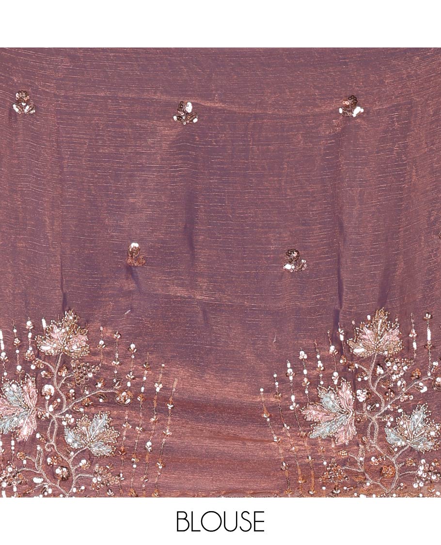 Lavender Swarovski stone work embedded fendy-chiffon saree, scallop lace border & floral mixed embroidered blouse