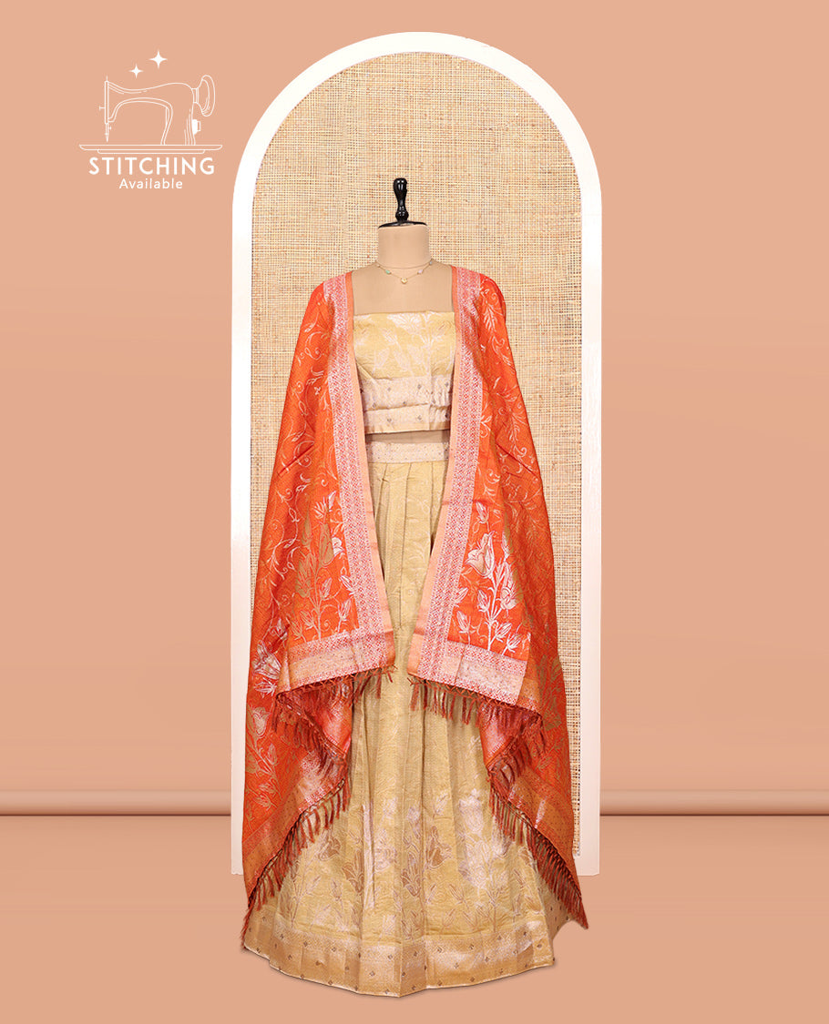 Sandal-Orange Banarasi Half-Saree Features Floral Vine Design Skirt, a Self-Border, a Matching Blouse, and a Contrast Floral Vine Dhavani