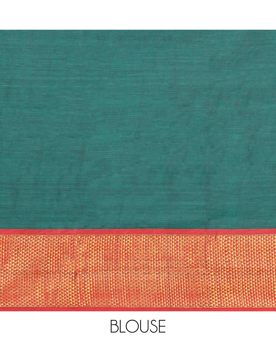 Green cotton half saree with contrast peacock motifs border, plain blouse & plain dhavani with striped design border