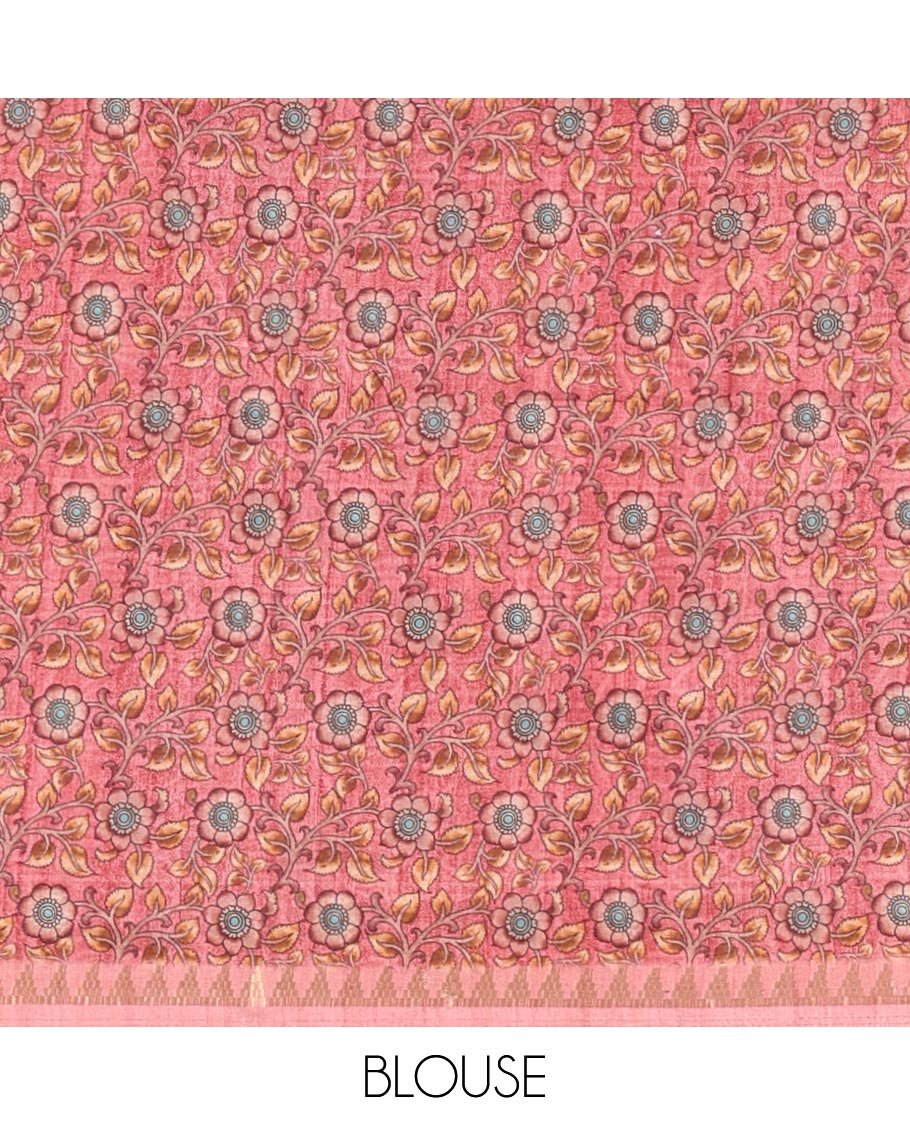 Onion pink full-plain katan silk saree, double-side kalamkari floral vine and bird printed temple zari border and matching floral vine printed blouse