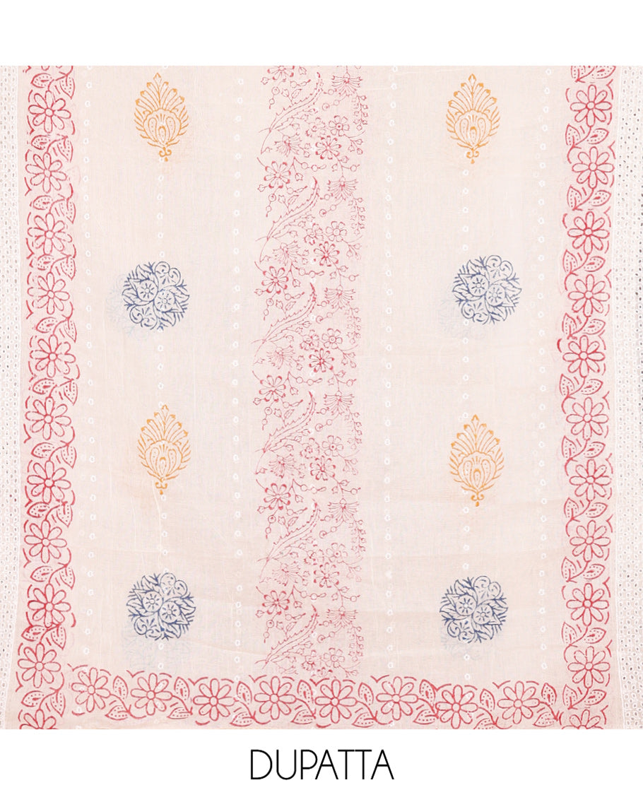 Red Cotton Material Chudidar, Floral Printed Hakoba Top, a Contrast Bottom, Print-Hakoba Dupatta