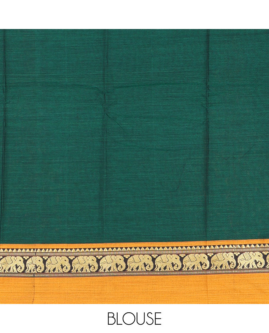 Green plain mercerised cotton saree, contrast kal erangina thread border of elephant motifs, striped pallu, and a matching blouse