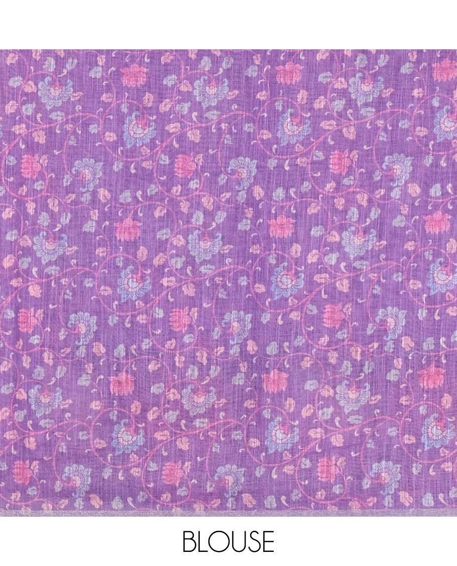 Purple mirror thread embroidered linen saree, contrast kalamkari peacock printed border, pallu of kalamkari peacock and human figurines print, and printed blouse