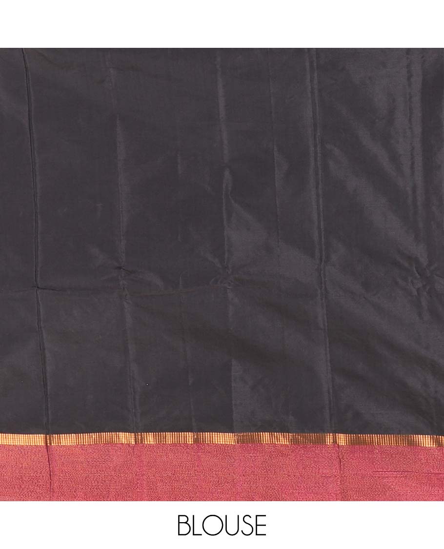 Black plain design semi-soft silk saree, contrast satin striped border, striped pallu, and a matching blouse