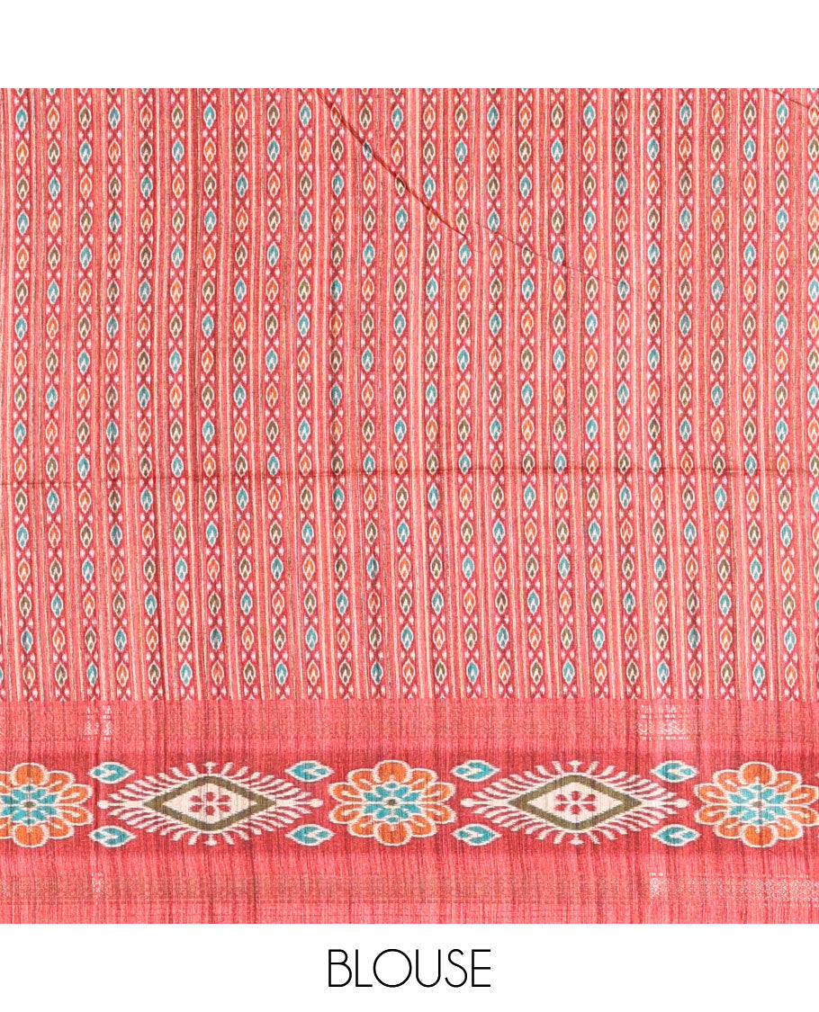 Chikku- maroon plain Katan silk saree, contrast ikkat floral-geometric printed temple border, ikkat printed pallu, and ikkat printed blouse