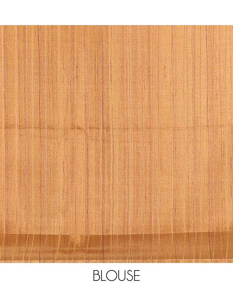 Orange plain fancy tussar saree, contrast floral printed border, floral vine printed pallu, and a contrast plain blouse