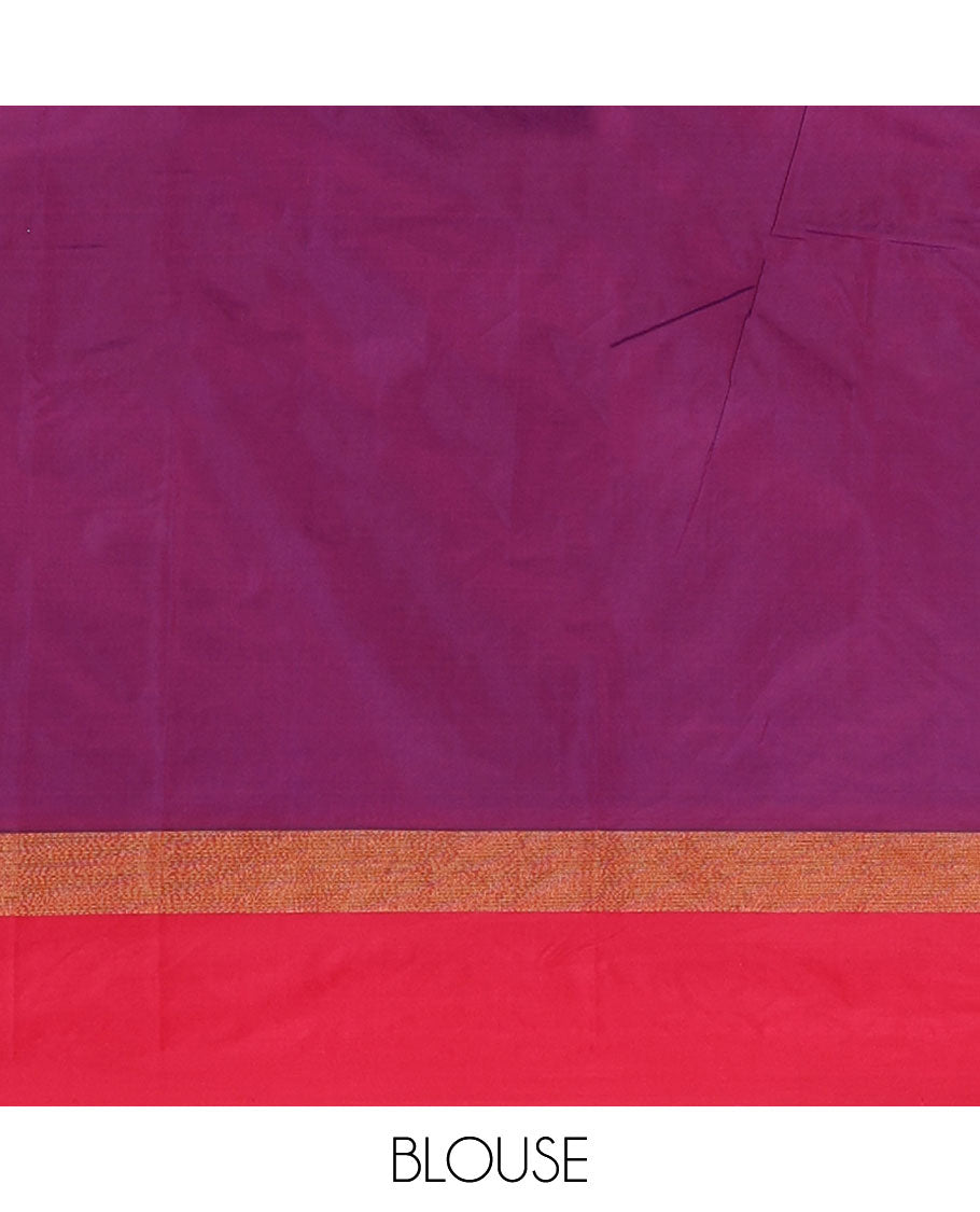 Nevy blue full-plain semi-soft saree, contrast satin border of zari stripes, striped pallu & contrast plain blouse