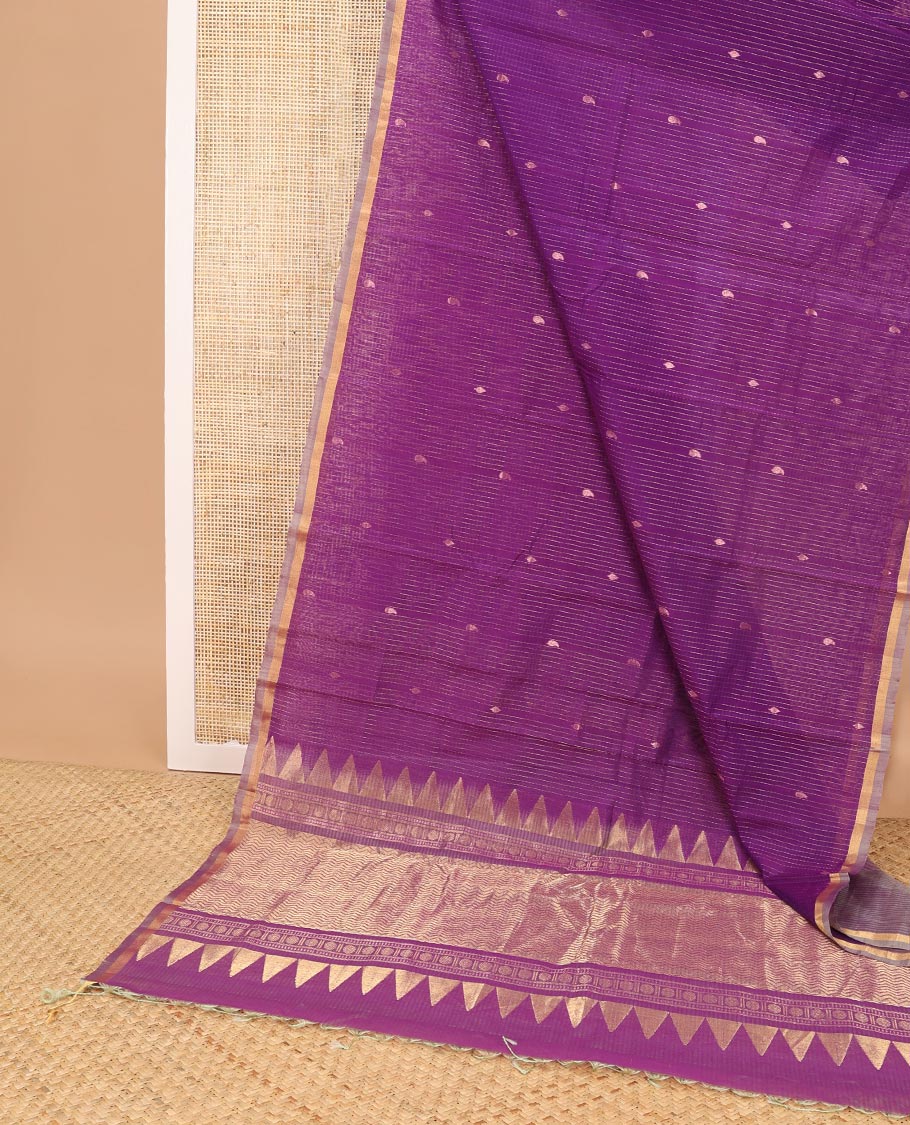 Purple checked , floral design silk cotton saree with contrast zari border & intricate zari design pallu