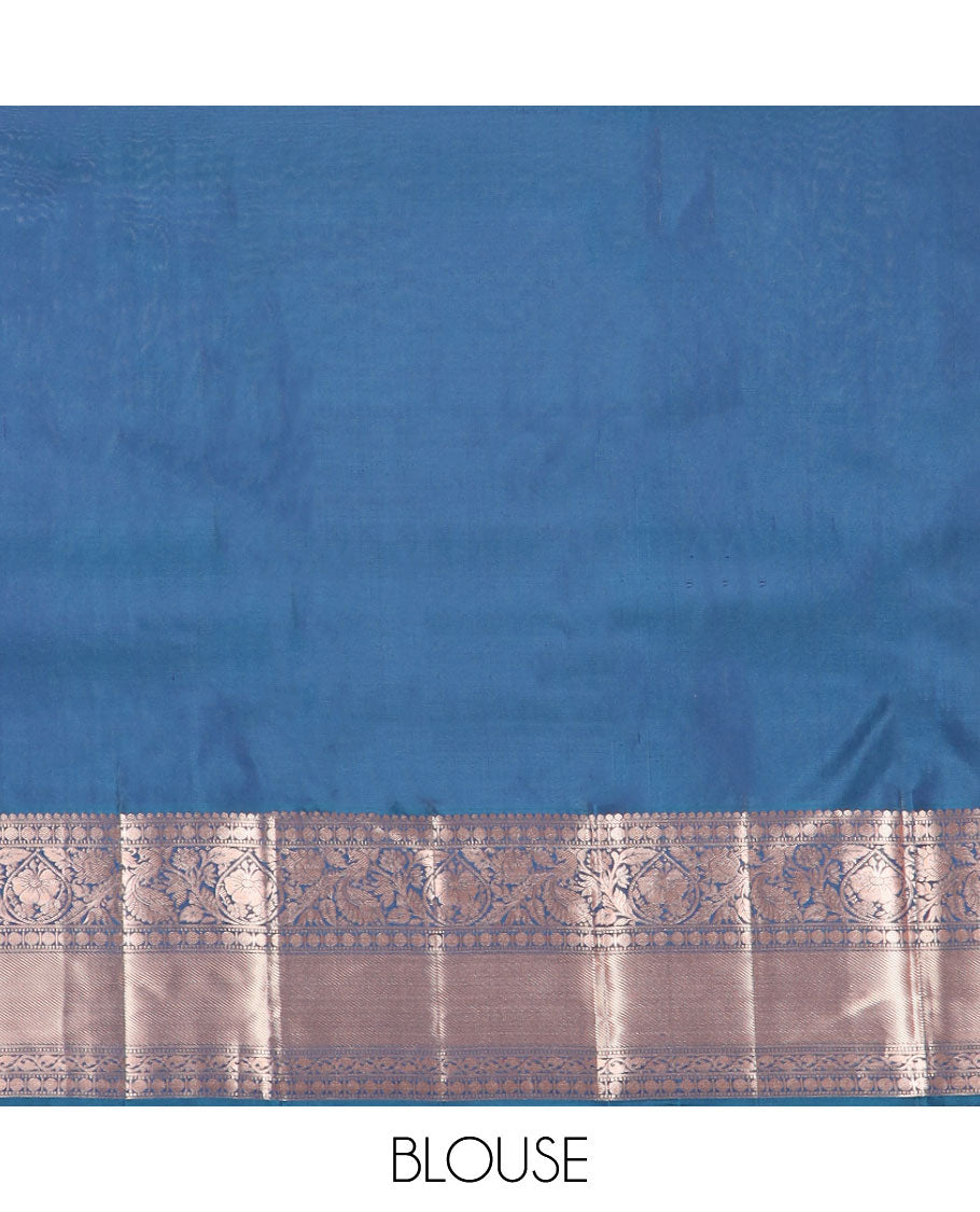 Blue floral jacquard kancheepuram silk saree with self border of muthu, banaras, paun design & zari design pallu