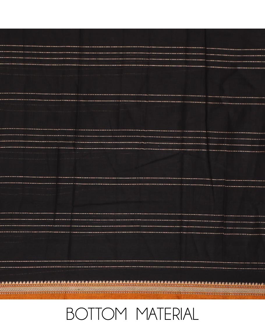 Black mercerized cotton material chudidar set,vertical striped contrast border top, matching threadwork bottom & traditional border matching dupatta