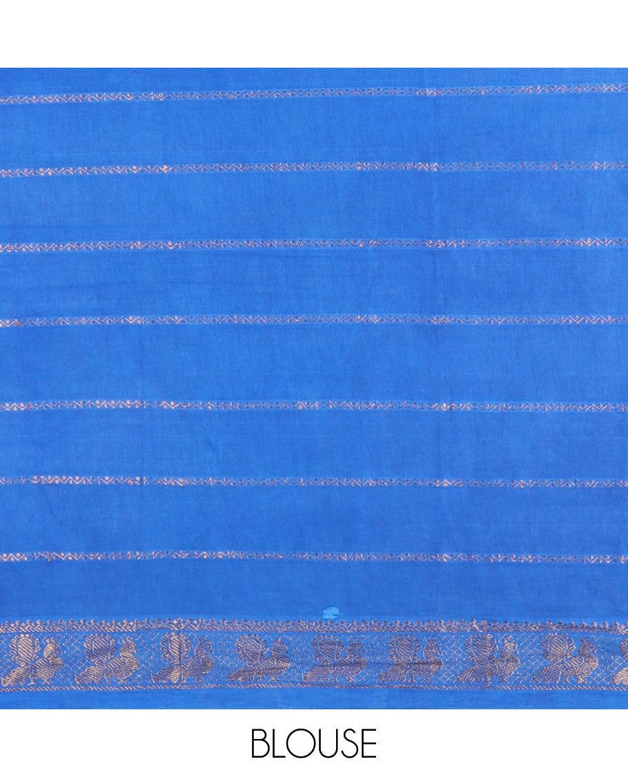 Blue veldhari zari striped Sungudi cotton saree, contrast peacock zari motif border, zari striped pallu, and contrast zari design blouse