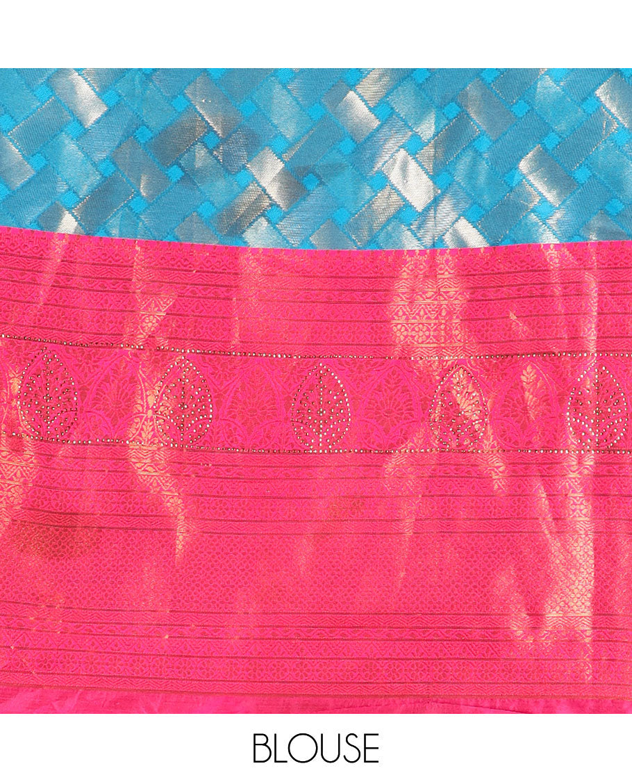 Blue geometric design art silk half saree,contrast blouse & traditional design stone work border & intricate dhavani